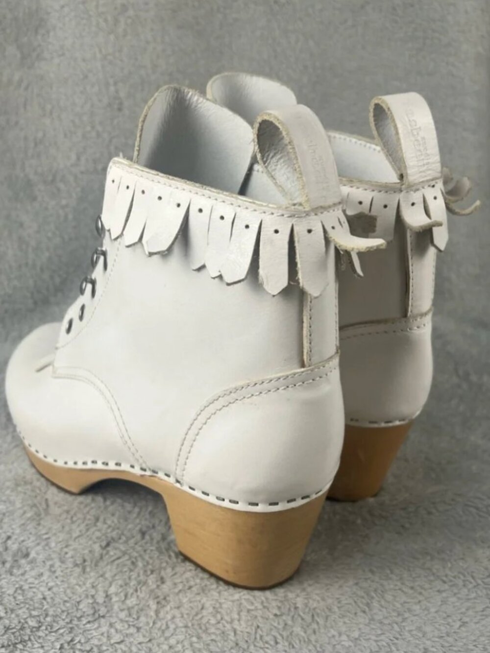 SWEDISH HASBEENS Wood Clog White Leather Kiltie Lace Up Booties 40 - Picture 9 of 16